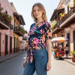 Bellamie Kimono Top‎ Plus Size 2XL Navy Floral Tie Front Lightweight Womens